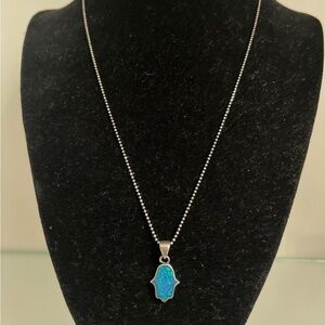 Silver Necklace with Blue Opal Hamsa Pendant